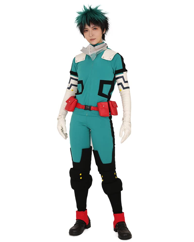 miccostumes Men's Costume Anime Hero Cosplay Green Fighting Suit Green Full-body Jumpsuit With red belt And Knee Pads (S) - Image 1
